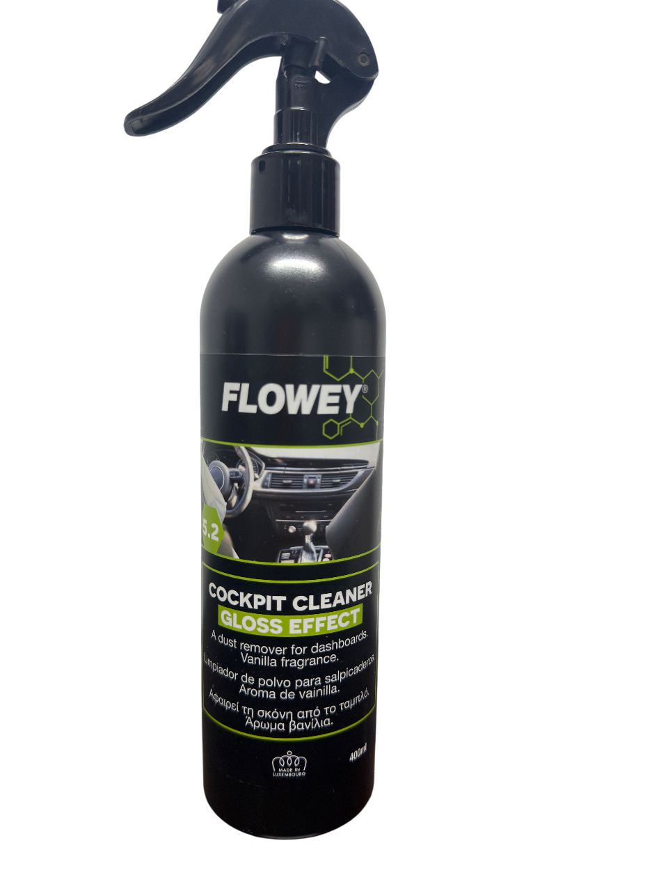 FLOWEY® Cockpit Cleaner Gloss Effect 5.2 – Limpiador abrillantador para salpicaderos y plásticos interiores (400 ml)